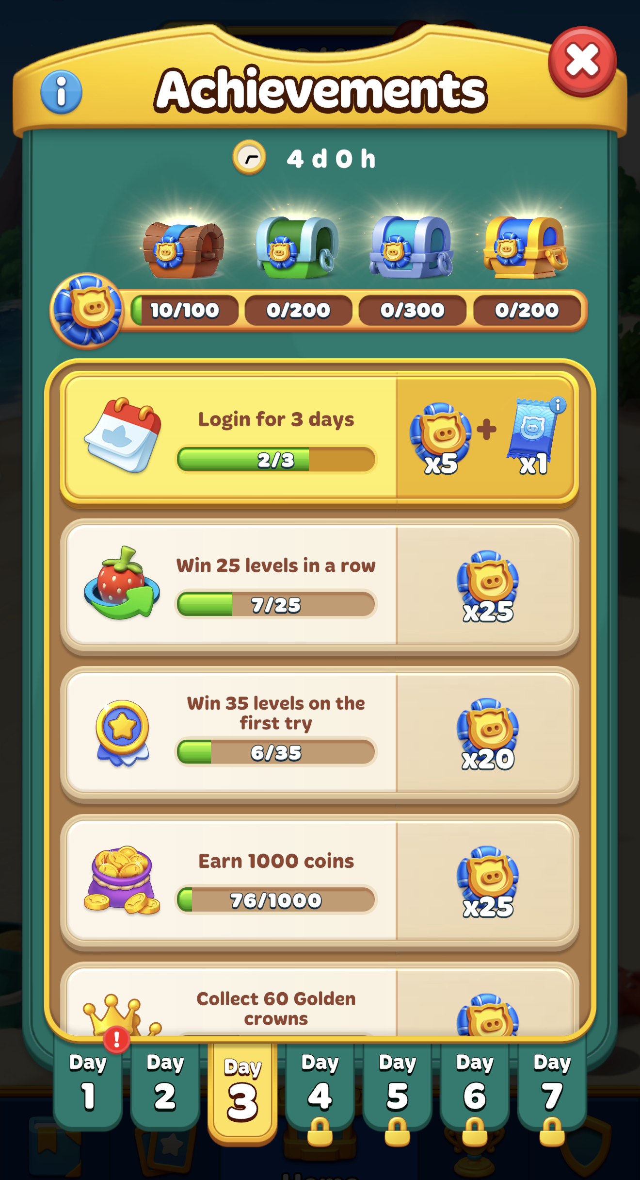 Achievements screen showing active event missions like logging in, winning levels, and earning coins alongside locked daily progression tabs.png