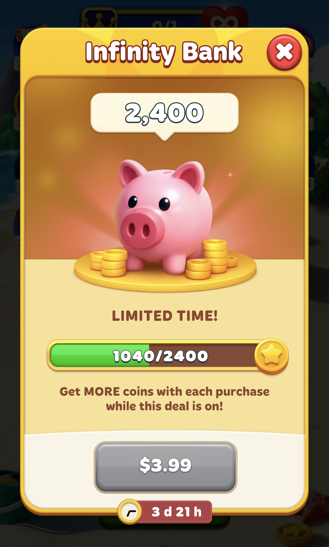 Infinity Bank showing a limited time offer with a progress bar, coin counter, and purchase button..png