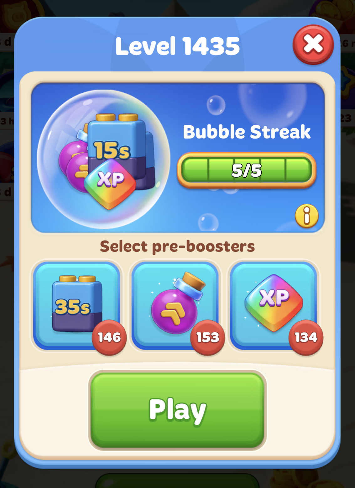 Level start window highlighting an active Bubble Streak bonus bar and available pre-boosters before beginning a round.png