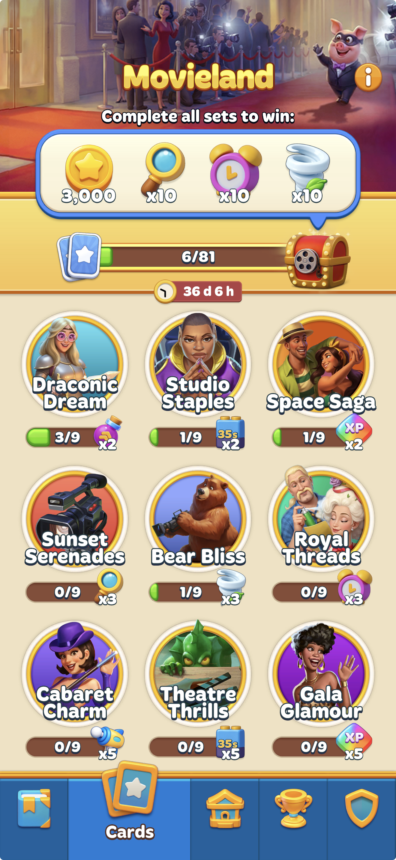 Cards collection album screen displaying seasonal card sets, progress bars for each set, milestone rewards, and an overall album completion counter.png