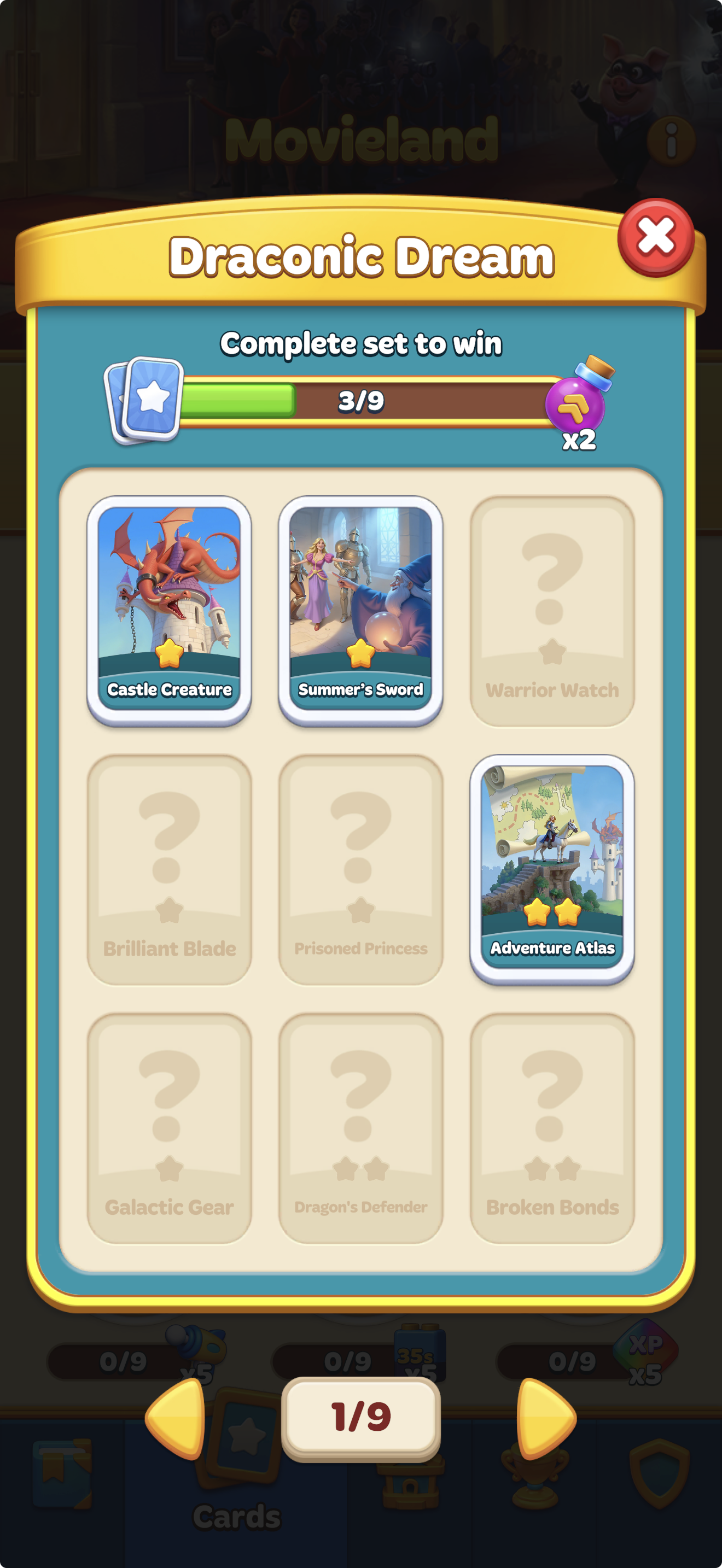 Card set collection pop-up screen showing collected seasonal cards and missing card slots with question marks, a progress bar, and completion rewards.png