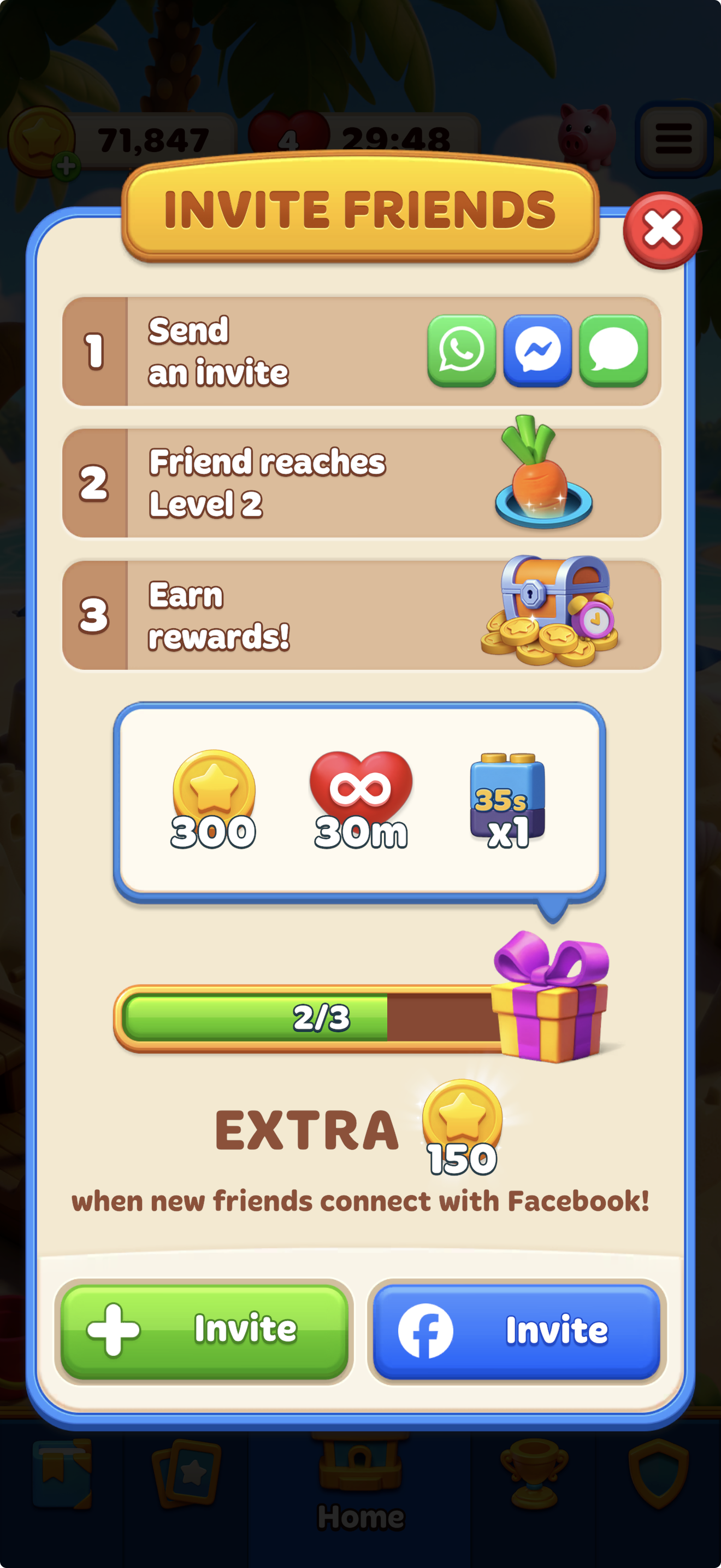 Invite Friends screen with three-step invite flow, rewards preview, and progress tracker.png